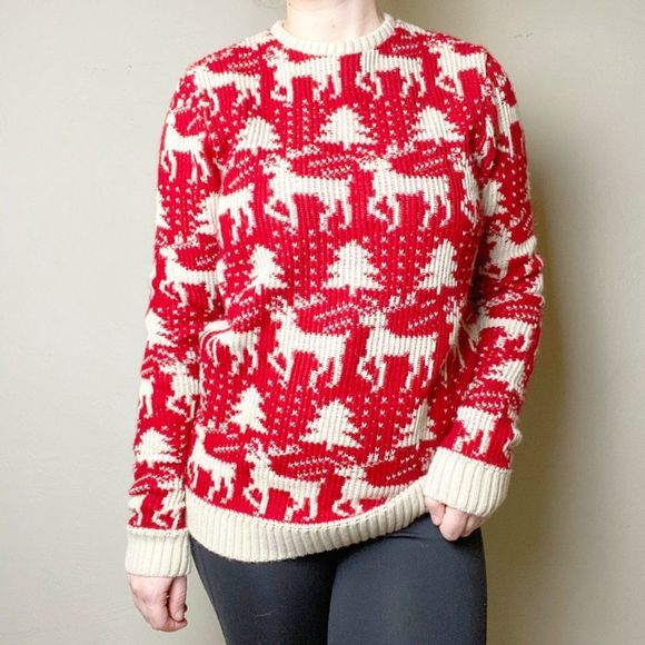 ASOS Sweaters - ASOS Reindeer Christmas Crewneck Holiday Ugly Graphic Red White Sweater